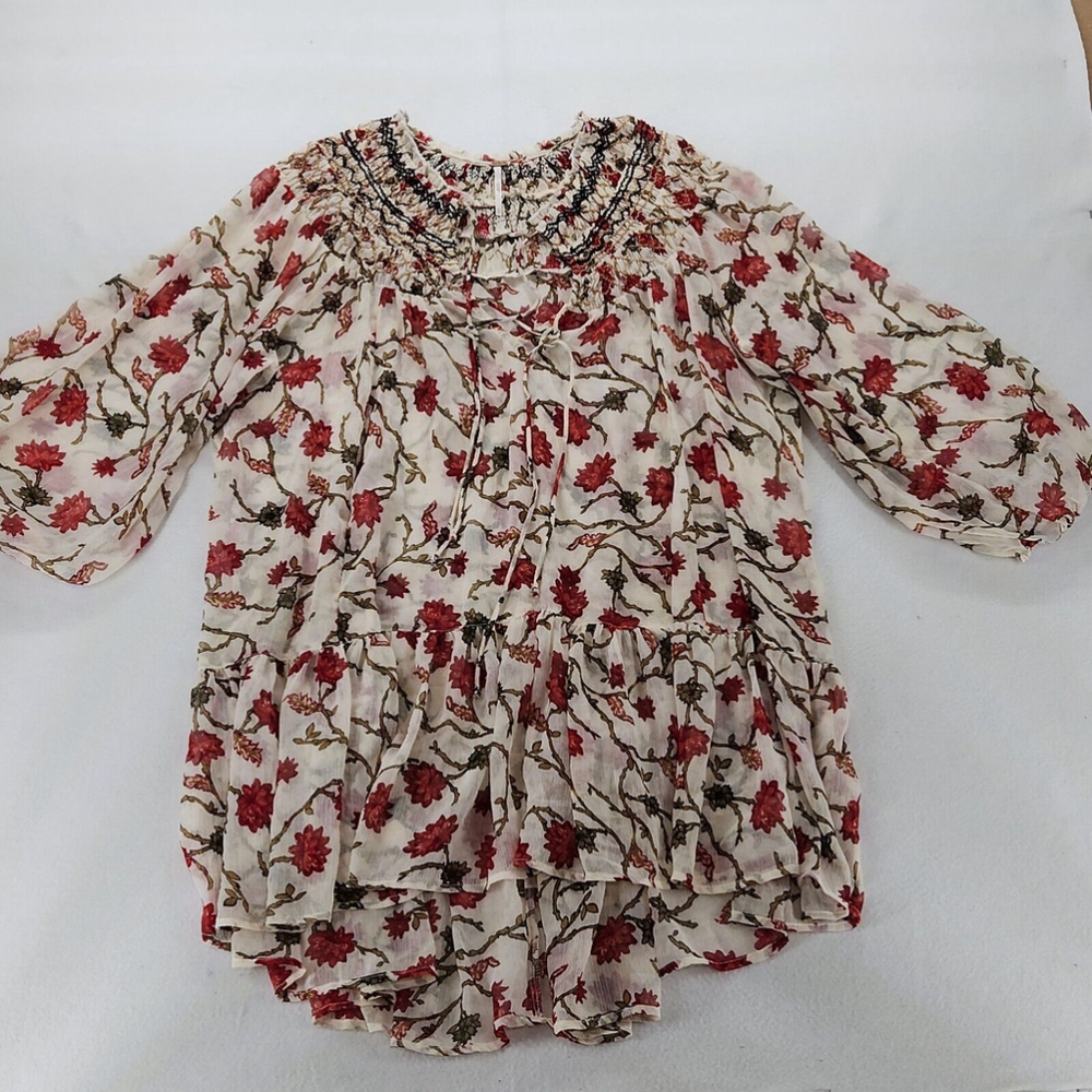FREE PEOPLE Sz S KEEPING UP WITH KARA LONG SLEEVE TUNIC IVORY Boho Hippie 70's - Picture 2 of 11